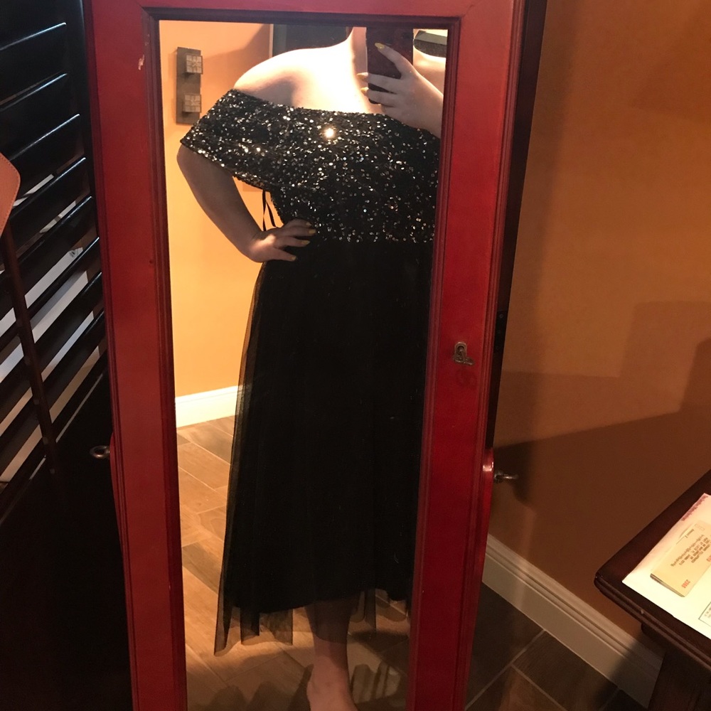 Black off the shoulder sequined dress
